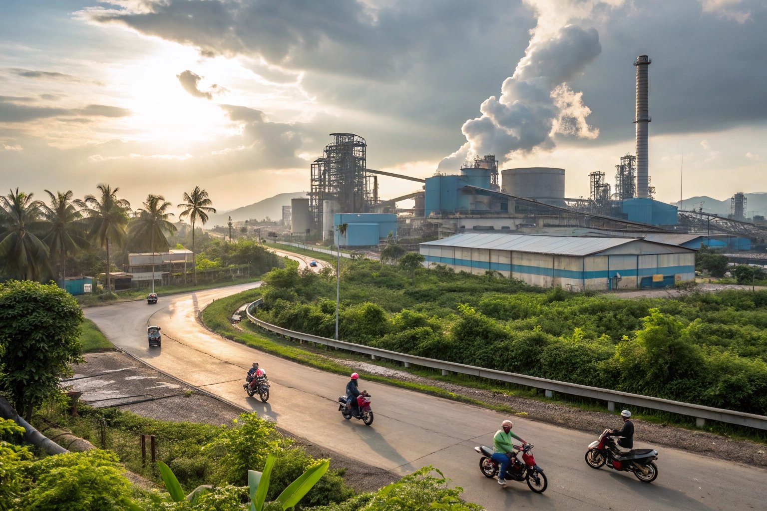 Industrial area with motorcycles, factory buildings, and a sunset in the background