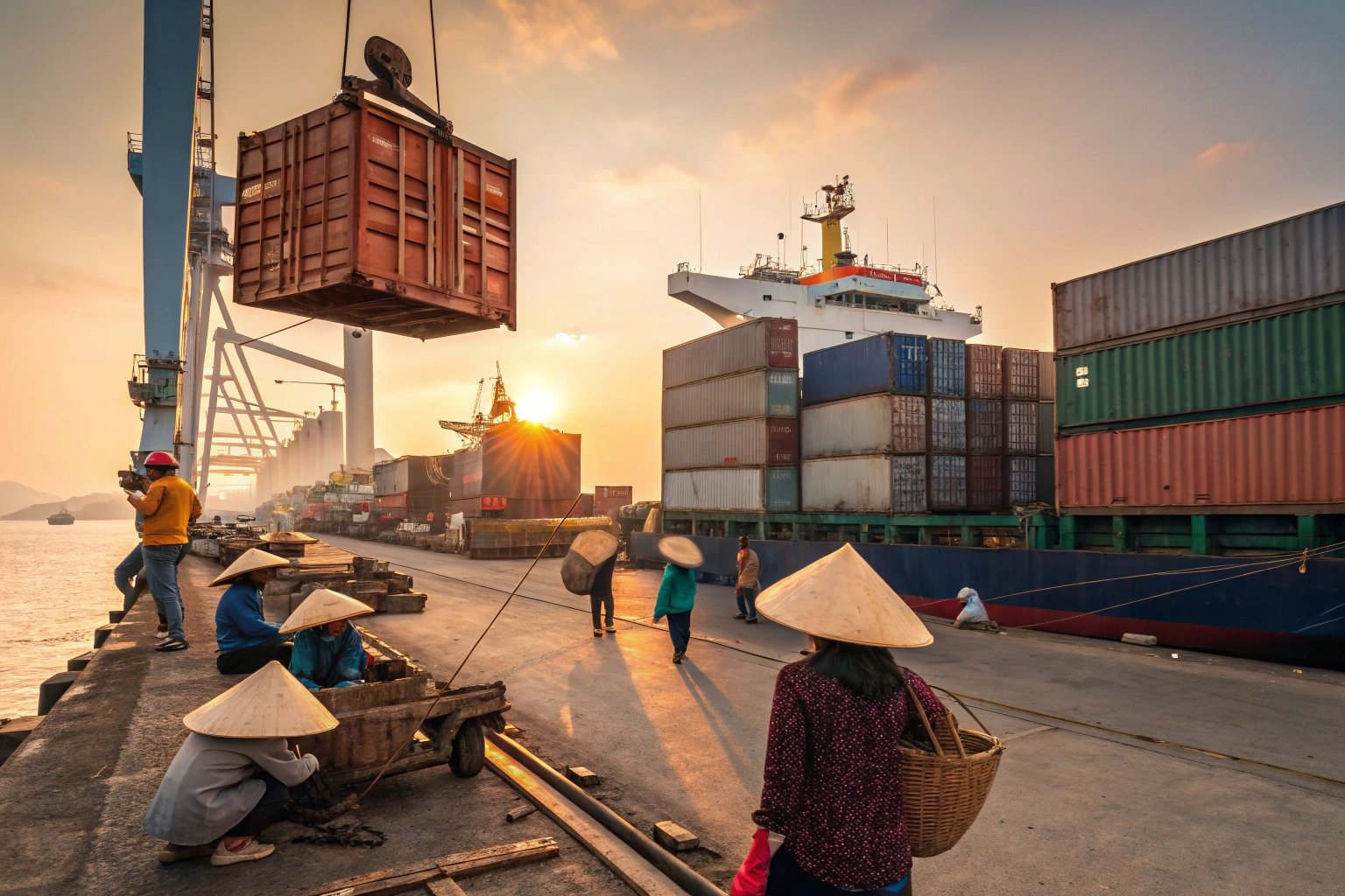 Shipping port workers unloading containers at sunset