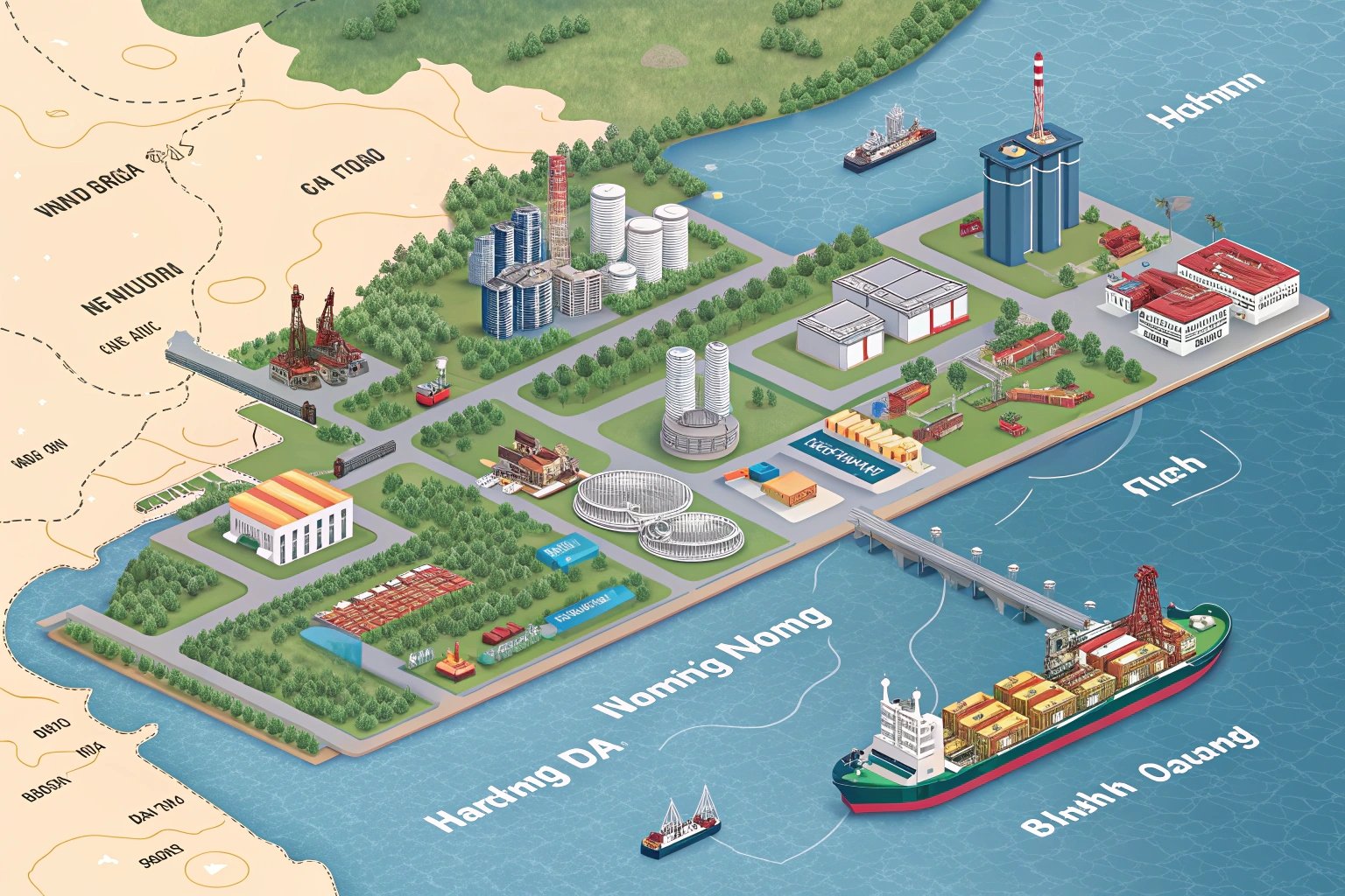 Illustrated industrial zone with factories, port, and detailed structures