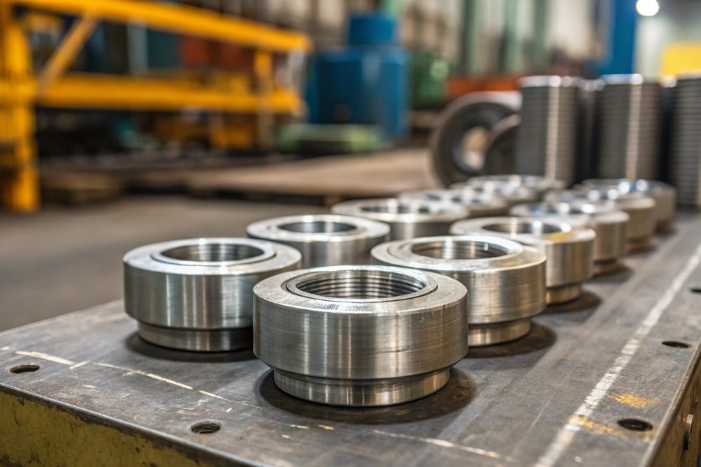 worker inspecting metal parts on table