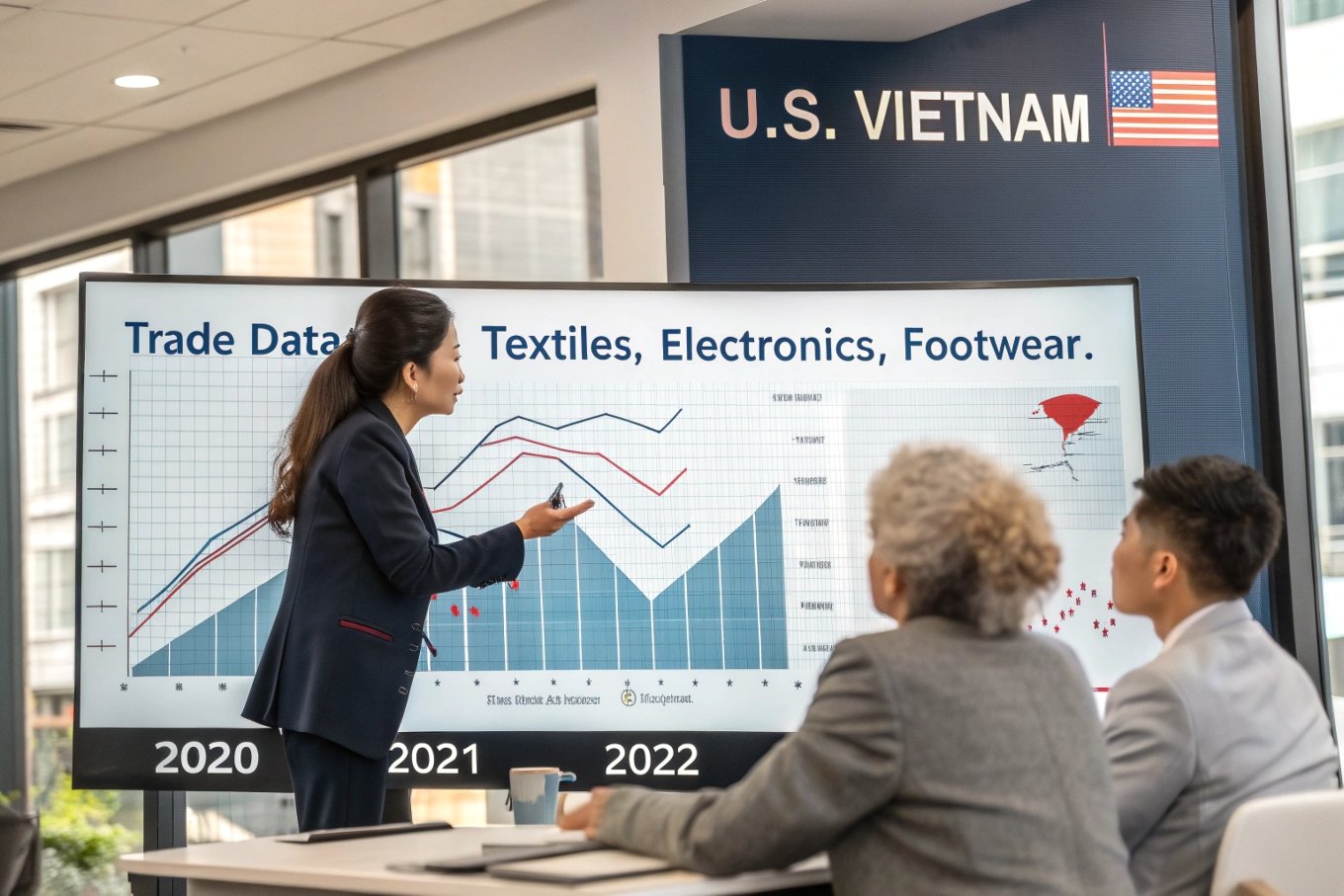 Trade data presentation, textiles, electronics, footwear