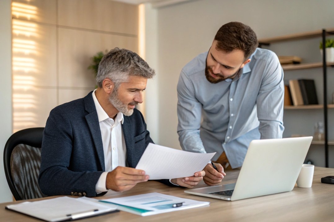 business professionals discussing documents in office