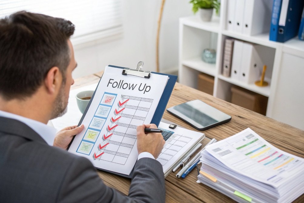 businessman reviewing follow-up checklist in office