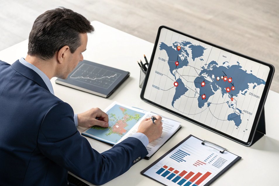 businessman reviewing global market tariff data