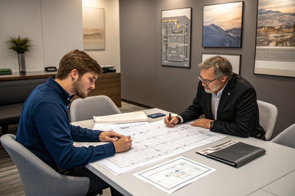 Two professionals working on production plans