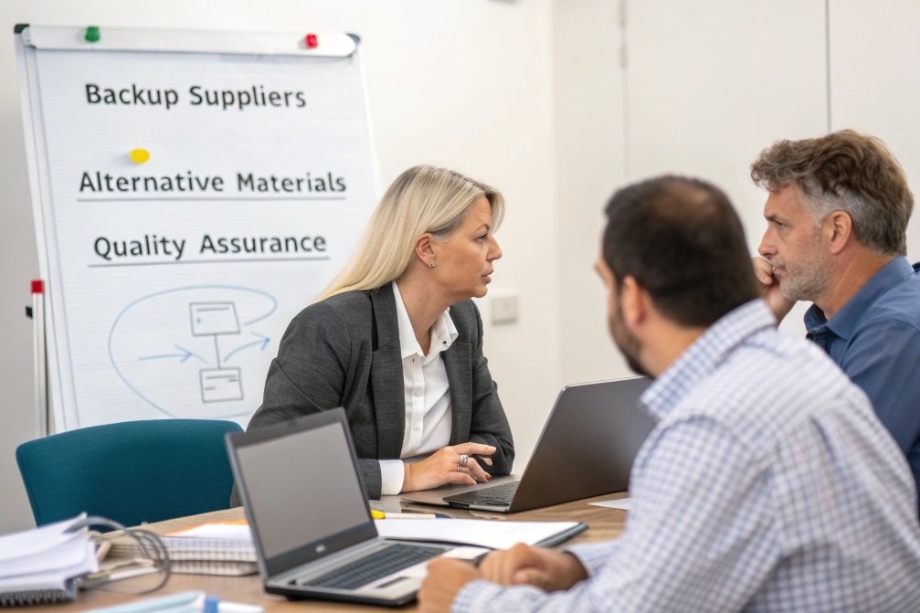 Team discussing backup suppliers and materials