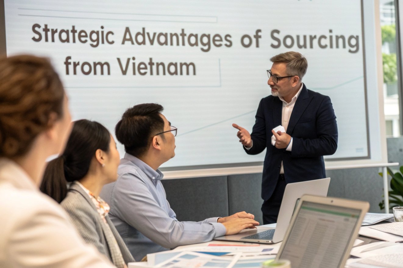 Business meeting discussing sourcing from Vietnam, presentation on screen