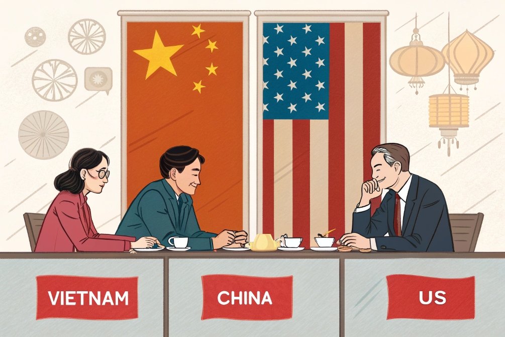 Vietnam, China, US, flags Illustration of Vietnam, China, and US flags in a meeting