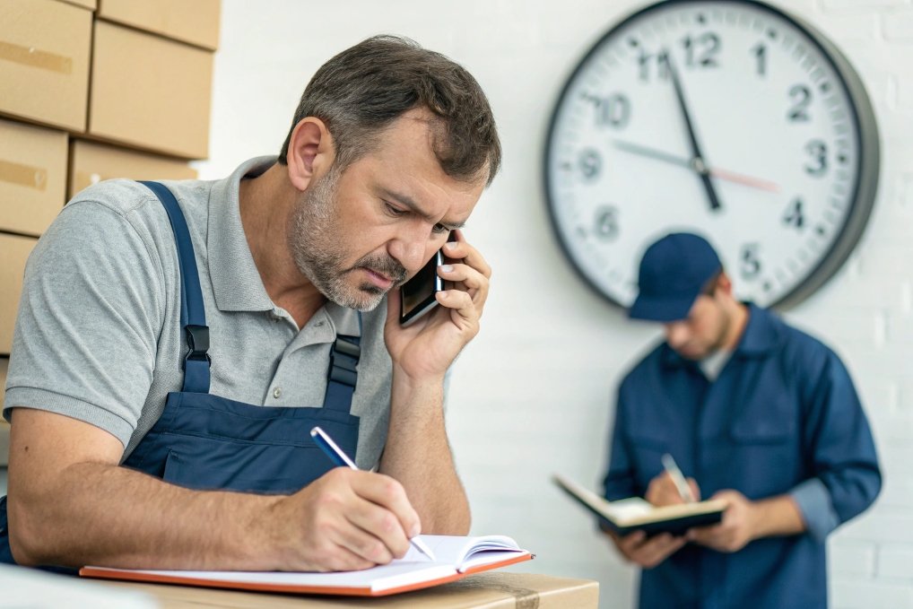 logistics planning, worker on phone in warehouse
