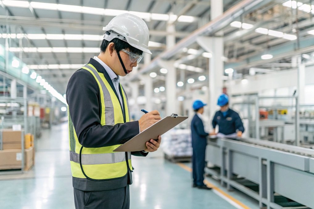 workplace inspection, manager checking safety in factory