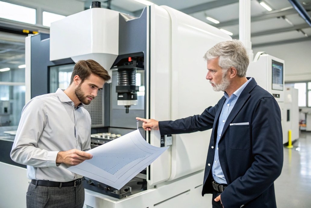 engineer inspecting design drawings and machine components
