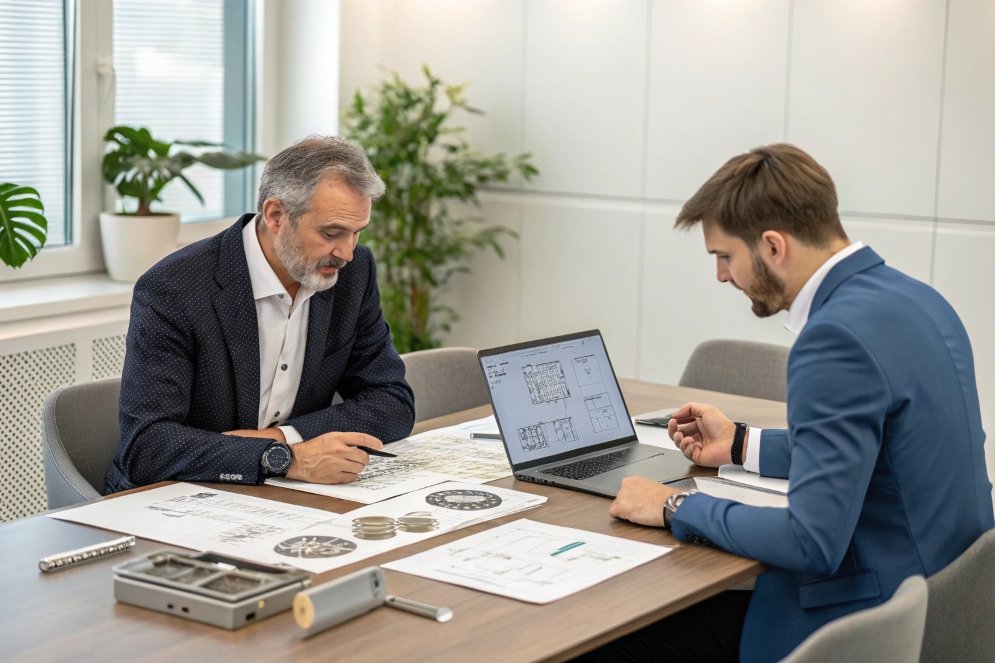 engineers reviewing mechanical blueprints, business discussion