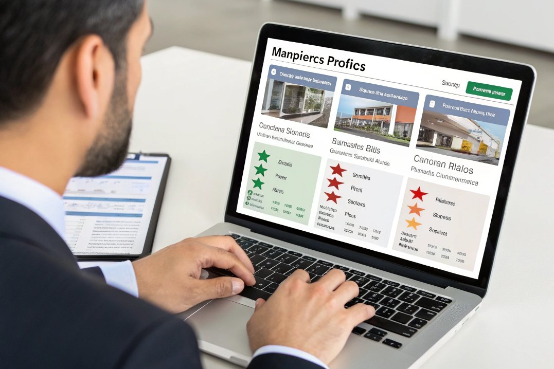 reviewing supplier profiles on laptop