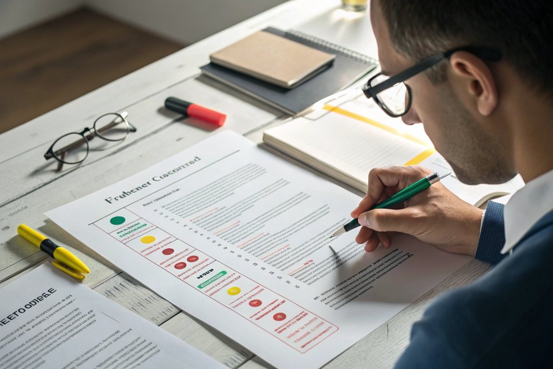 man reviewing a document with red and green highlights