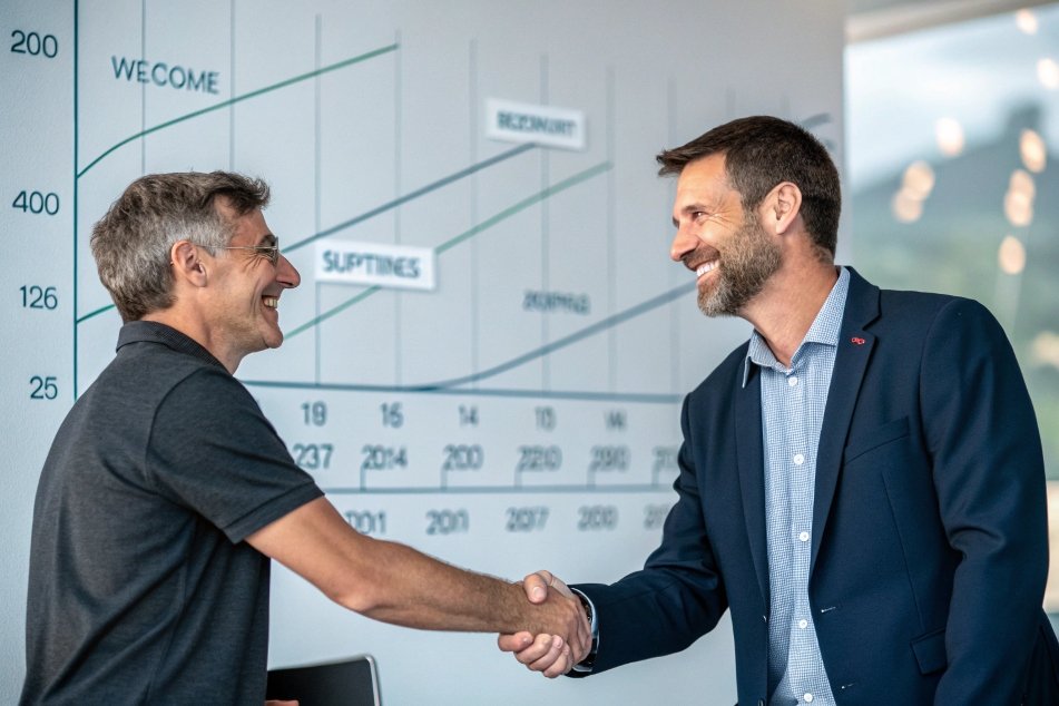 business agreement man and senior shaking hands in front of data charts