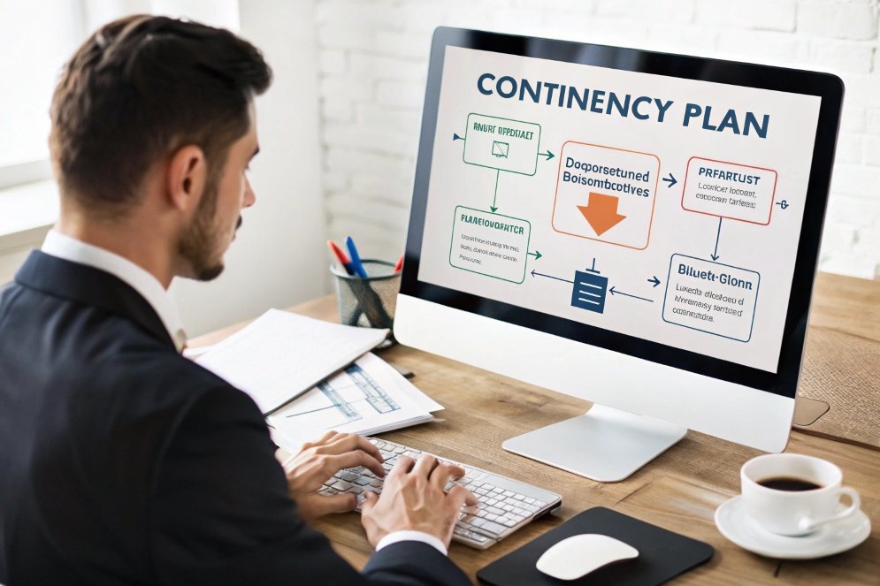 contingency planning, man working on computer with flowchart