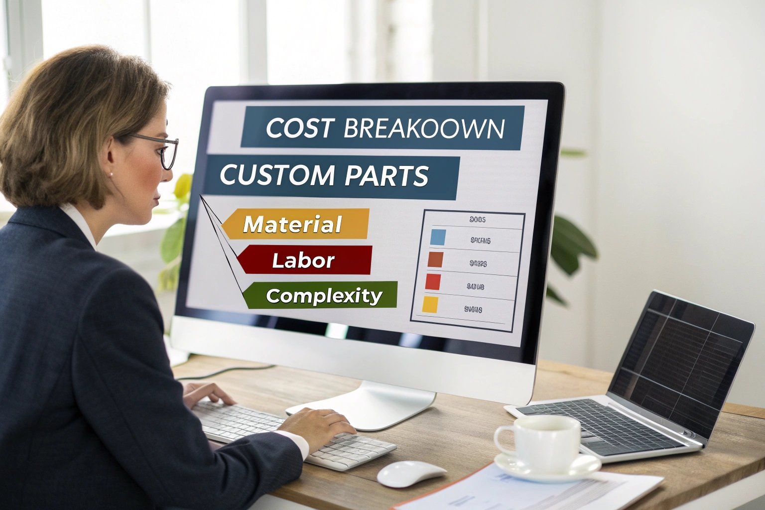 business professional analyzing cost breakdown of custom parts