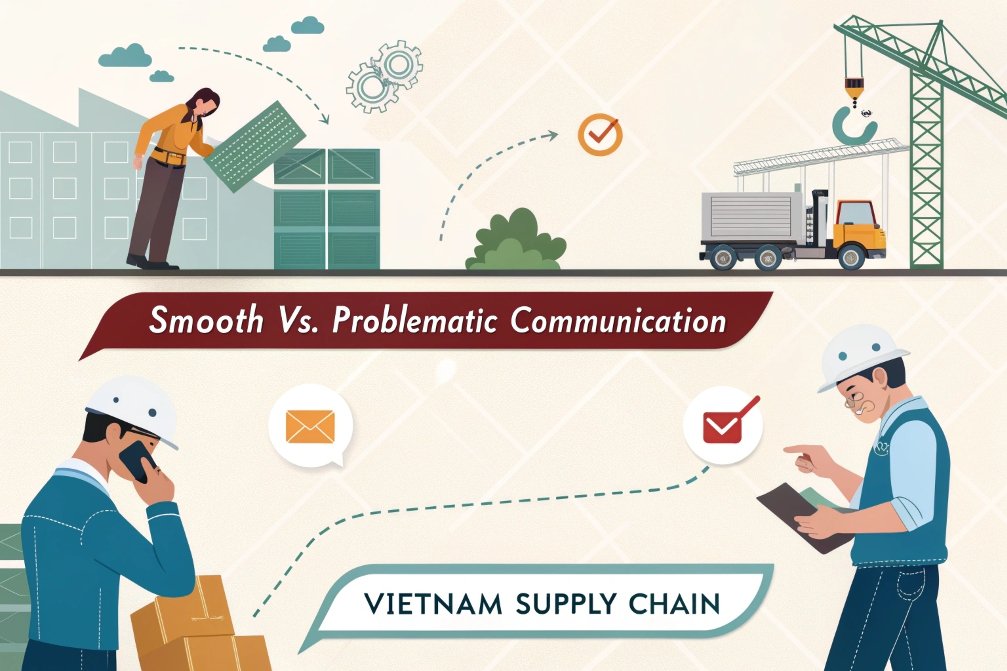 Smooth vs. problematic communication in supply chain, illustrated comparison