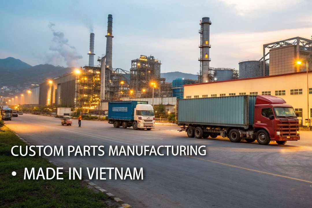 Vietnam factory trucks transporting goods, custom parts manufacturing