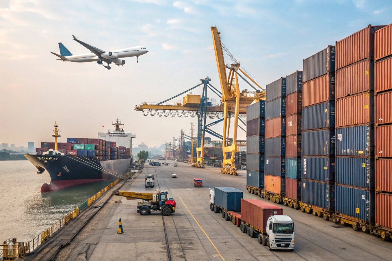 busy shipping port with cargo containers, trucks, and airplane
