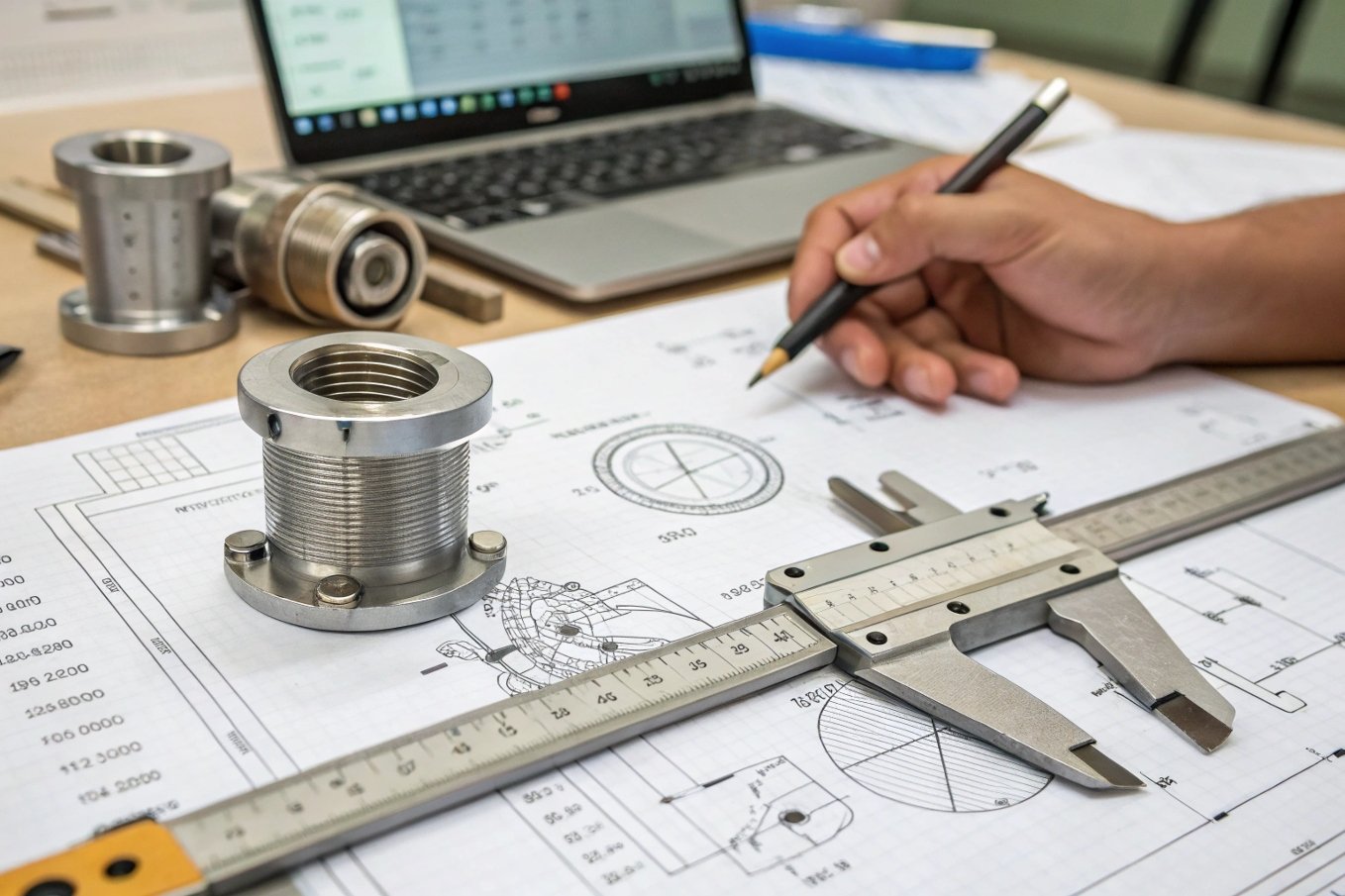 worker measuring a metal part with caliper on technical drawings
