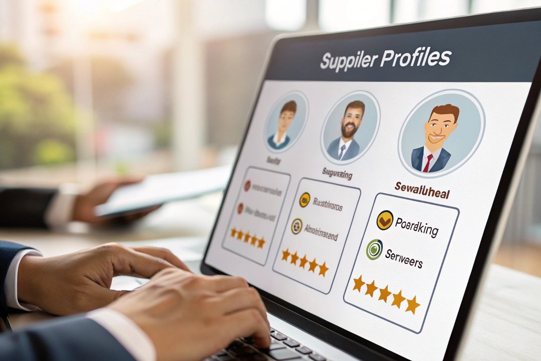 reviewing supplier profiles on laptop