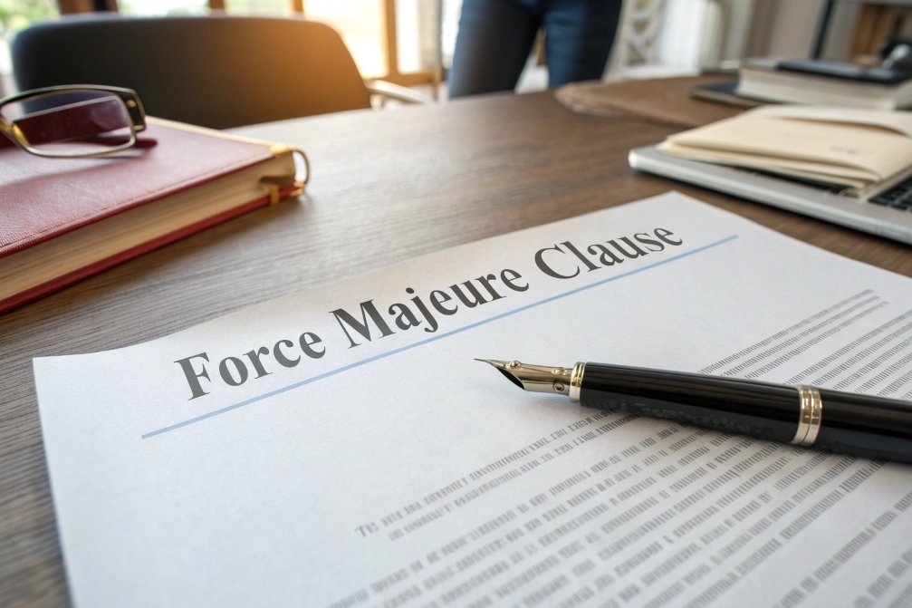 Force Majeure Clause document on a desk with pen and glasses