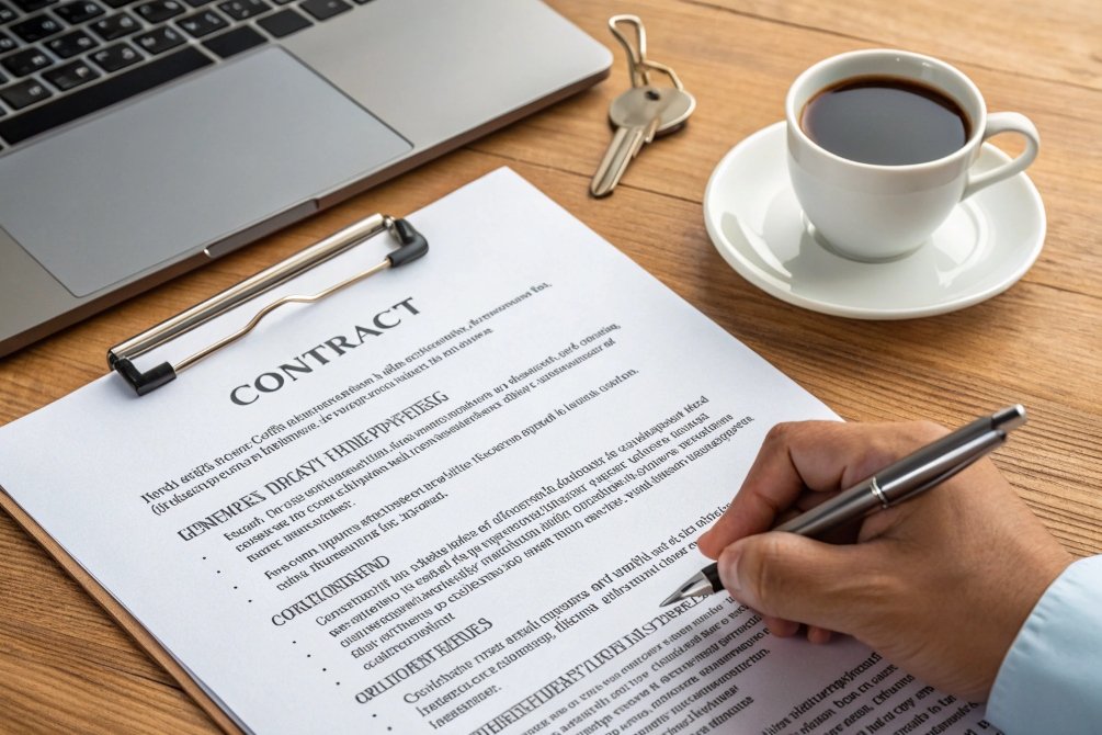 Person signing a contract on a desk with a cup of coffee and laptop