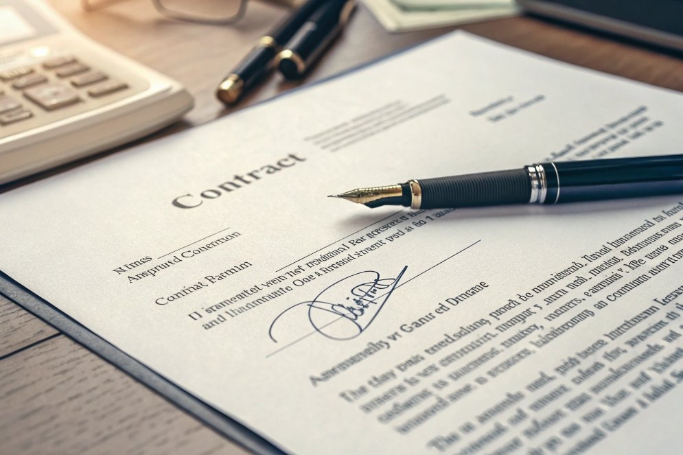 contract signing, close-up view of legal document with fountain pen