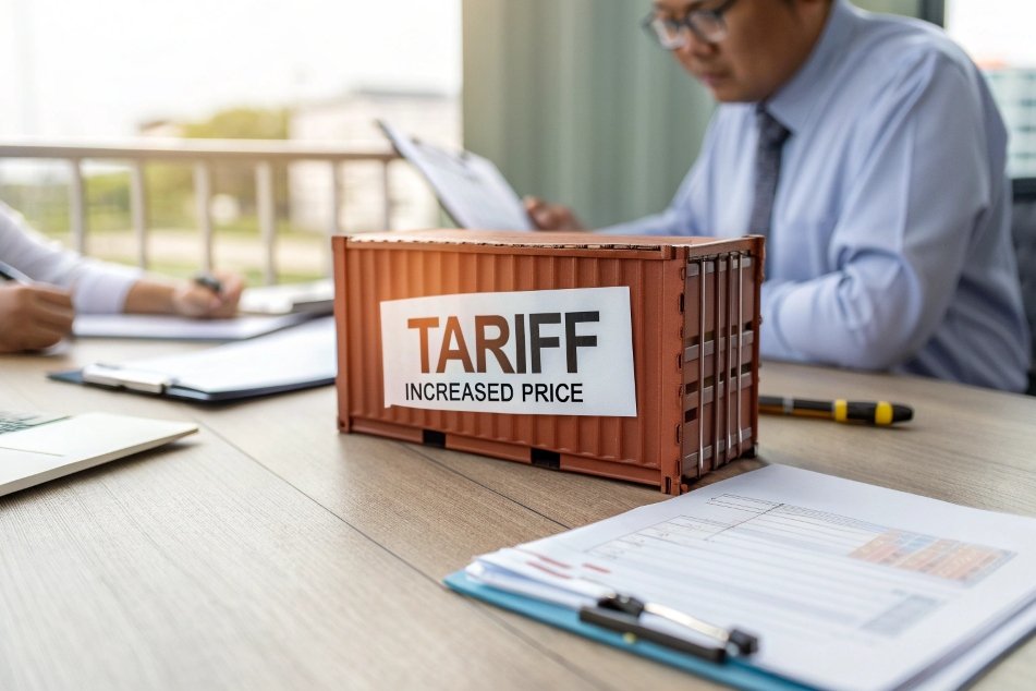 shipping container with tariff price at a business meeting