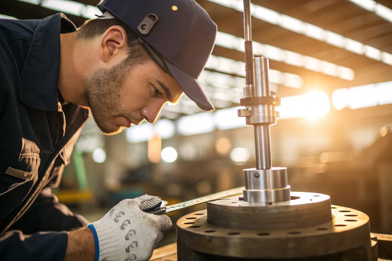 technician, machinery, workshop, ruler Technician checking machinery with ruler in workshop