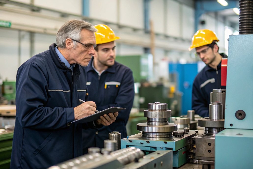 factory inspection, manager reviewing machinery