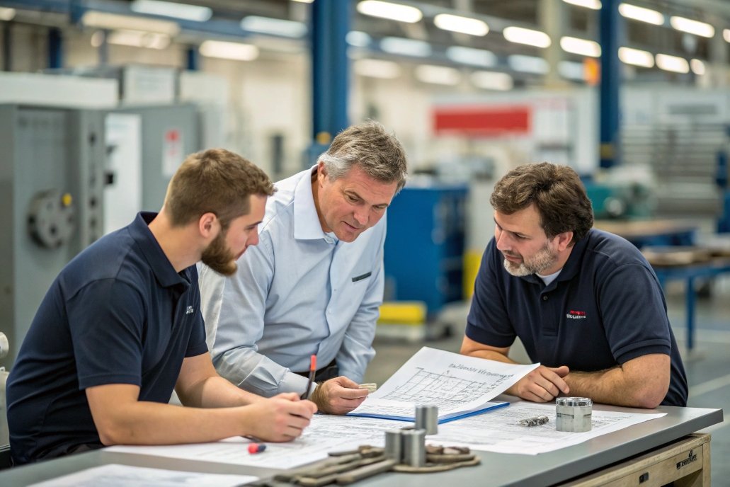 engineers discussing technical drawings and project details in factory