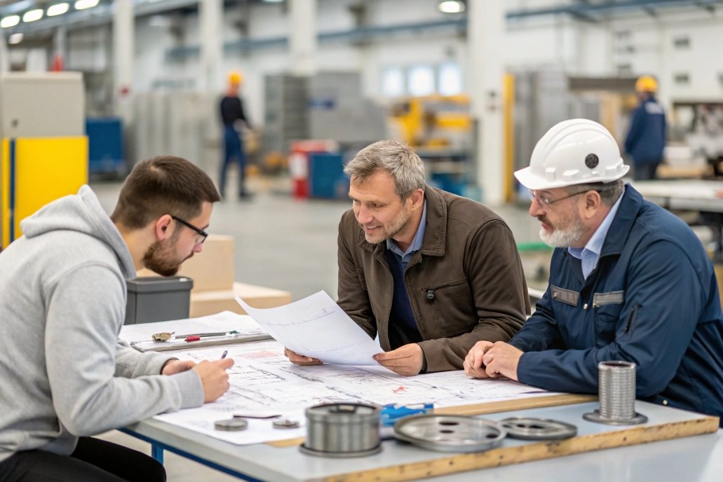 team of engineers analyzing plans and working in manufacturing plant