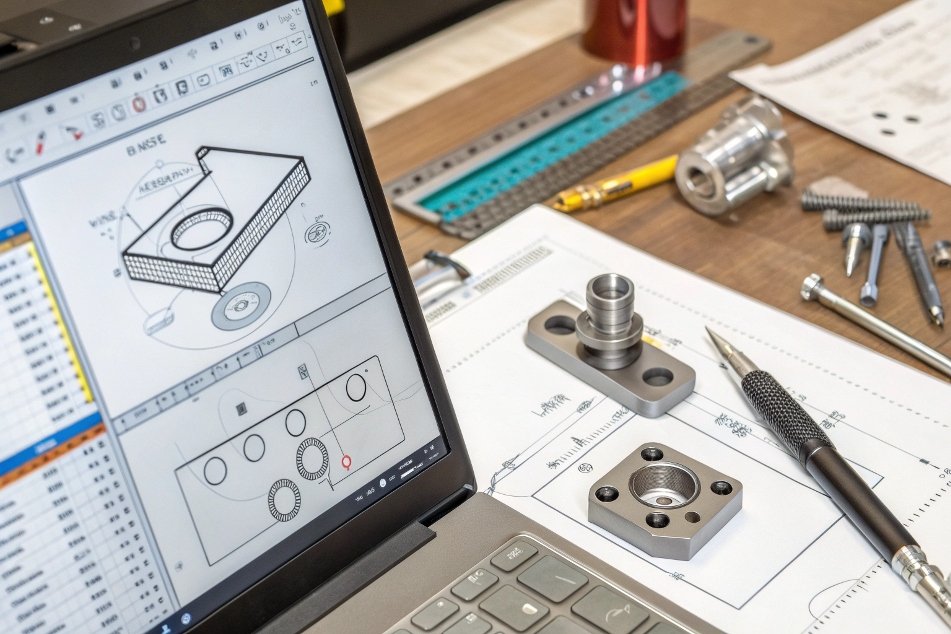 designer reviewing engineering plans on laptop