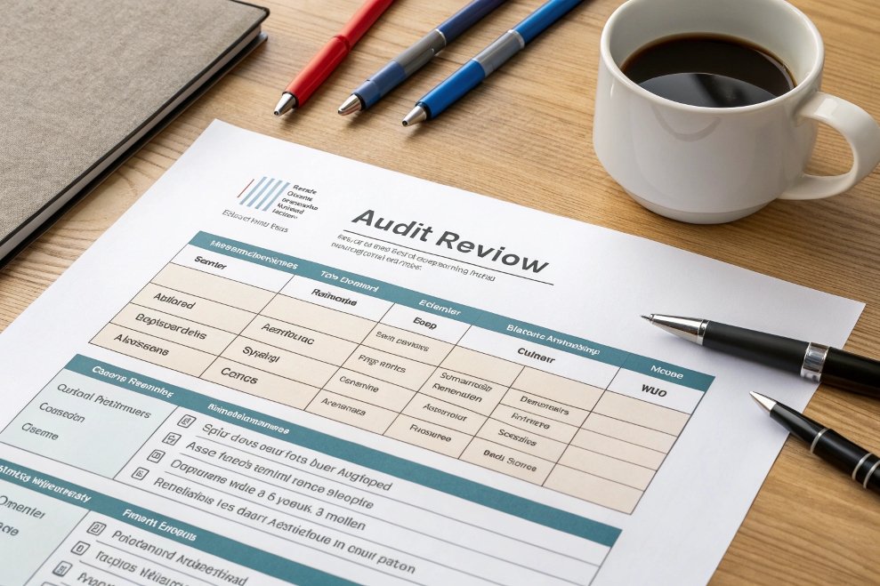 audit review document on desk with coffee cup and pens