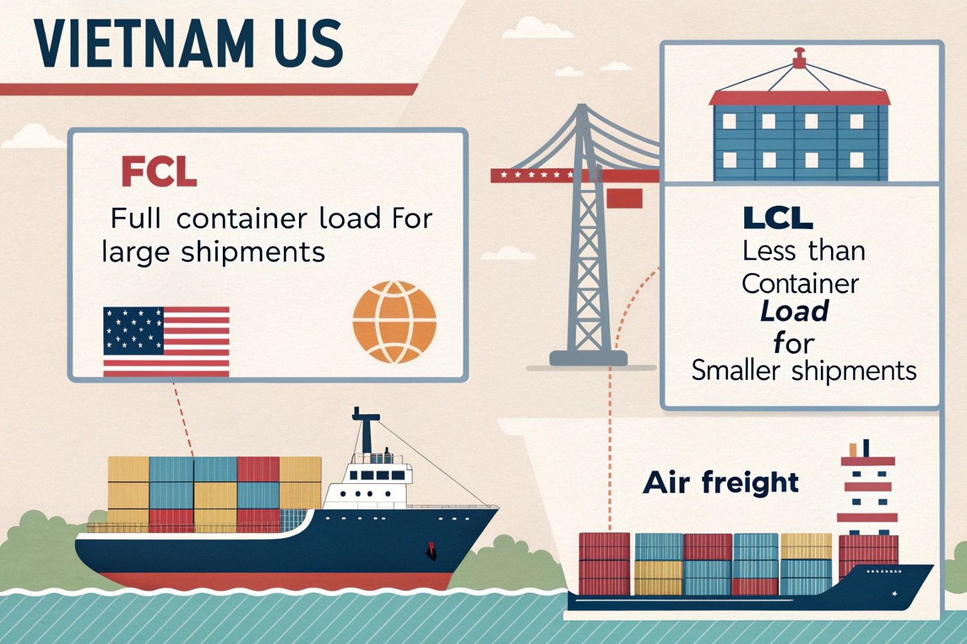 Vietnam to US shipping methods including FCL, LCL, and air freight