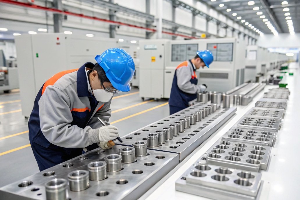 factory production line workers operating machinery on production line in factory