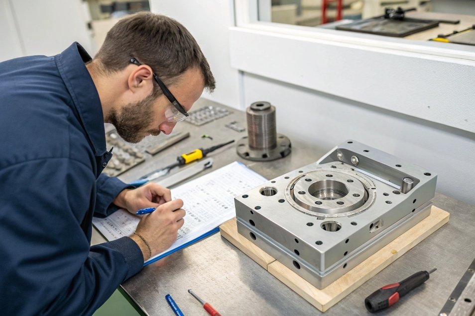 engineer inspecting metal part and checking measurements in factory
