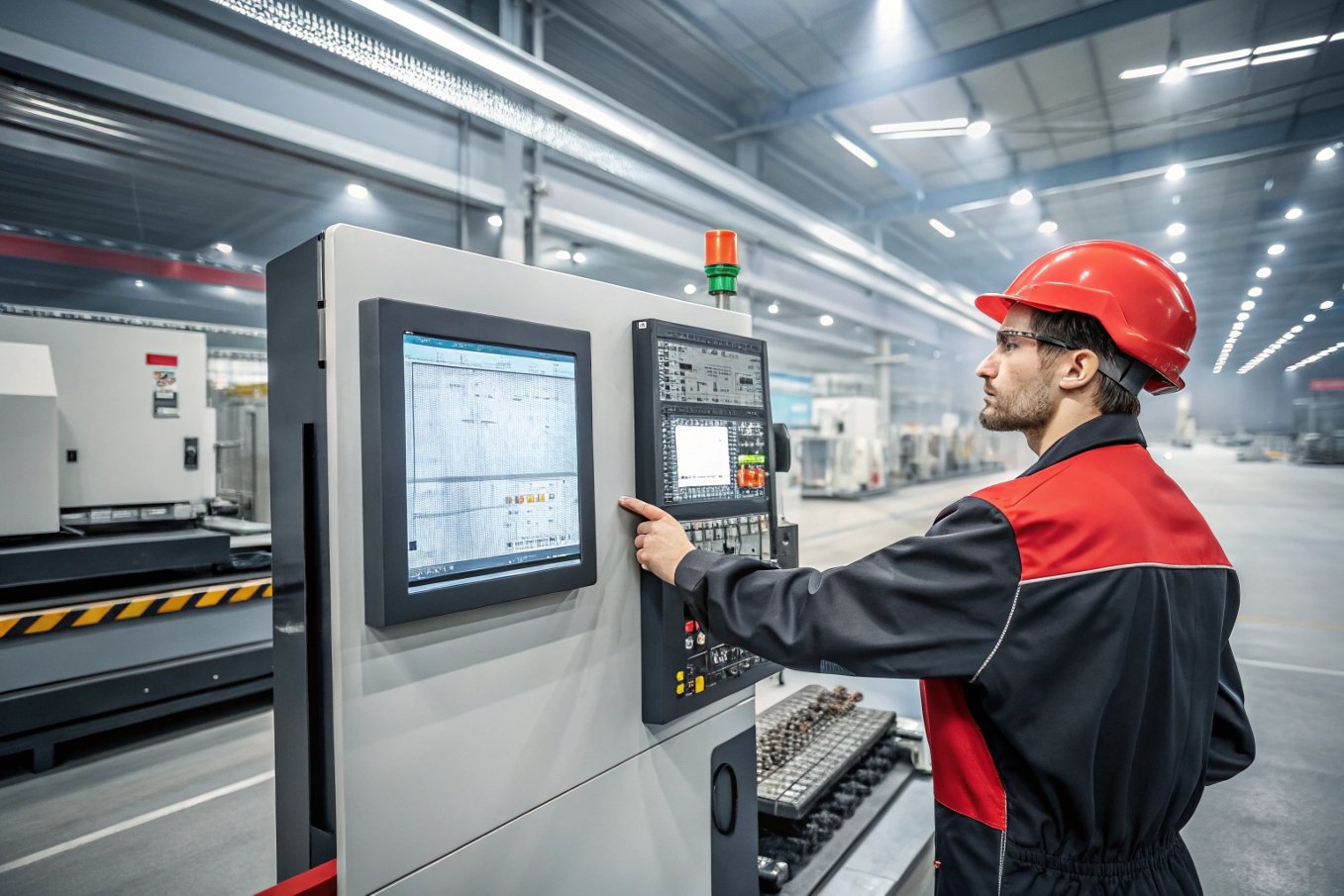 CNC, machine, factory, worker Worker operating CNC machine in factory