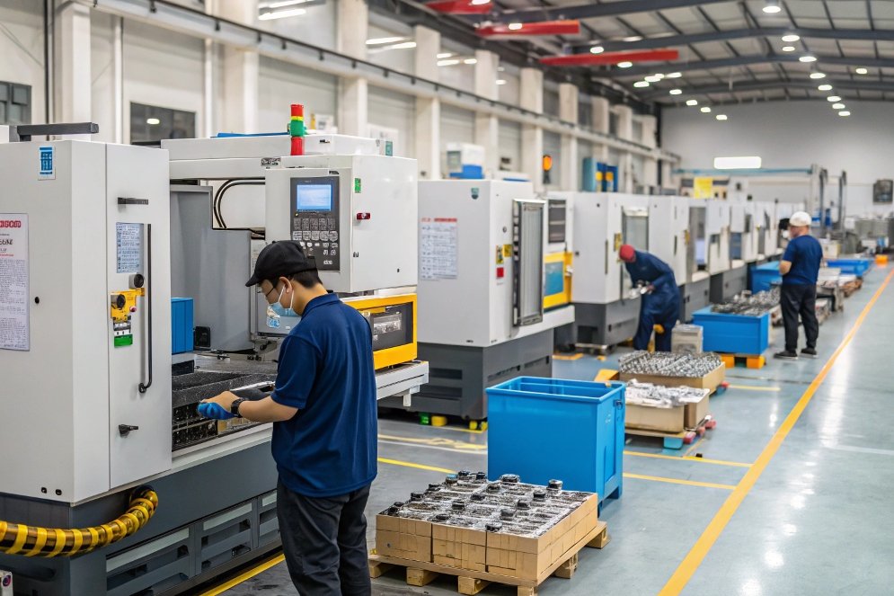 factory operations, workers operating CNC machinery in manufacturing plant