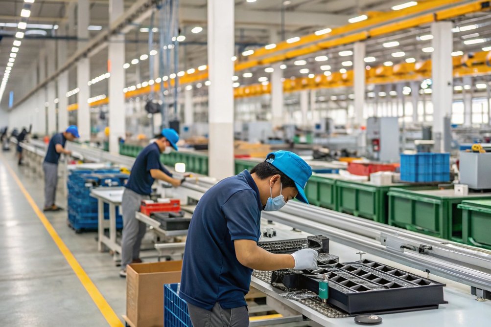 workers in safety gear working with machinery on factory floor