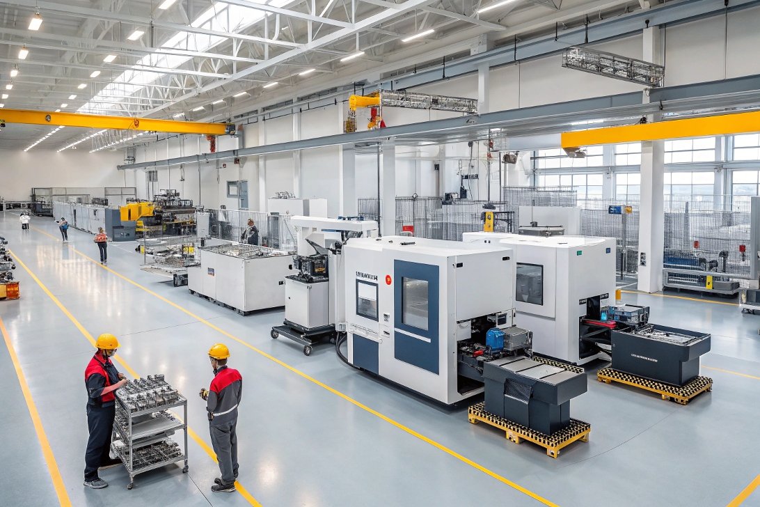 workshop, production system workers and machines, production area in factory