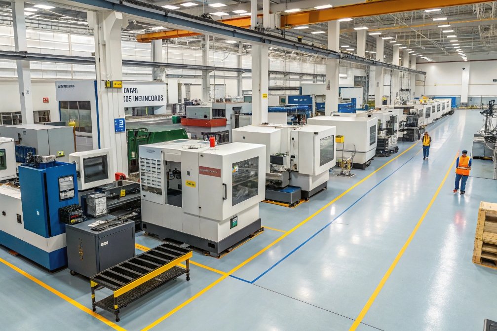 factory, manufacturing, machines, workers Manufacturing floor with machines and workers in a factory