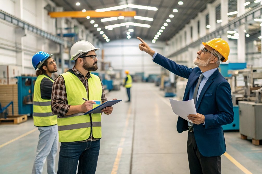inspection, manager, factory, workers Factory manager inspecting production line and giving instructions