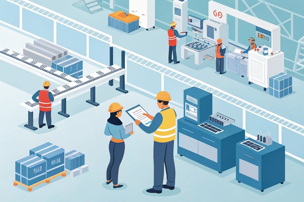 factory, workers, collaboration, production Illustration of factory workers collaborating on production line