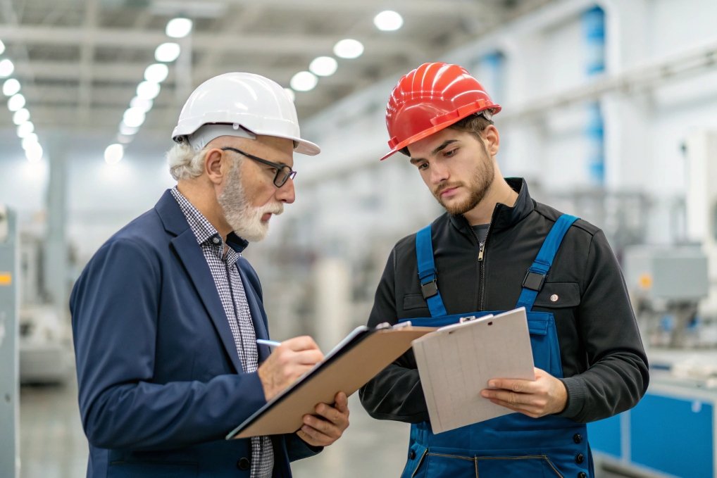 senior and junior workers discussing on factory floor