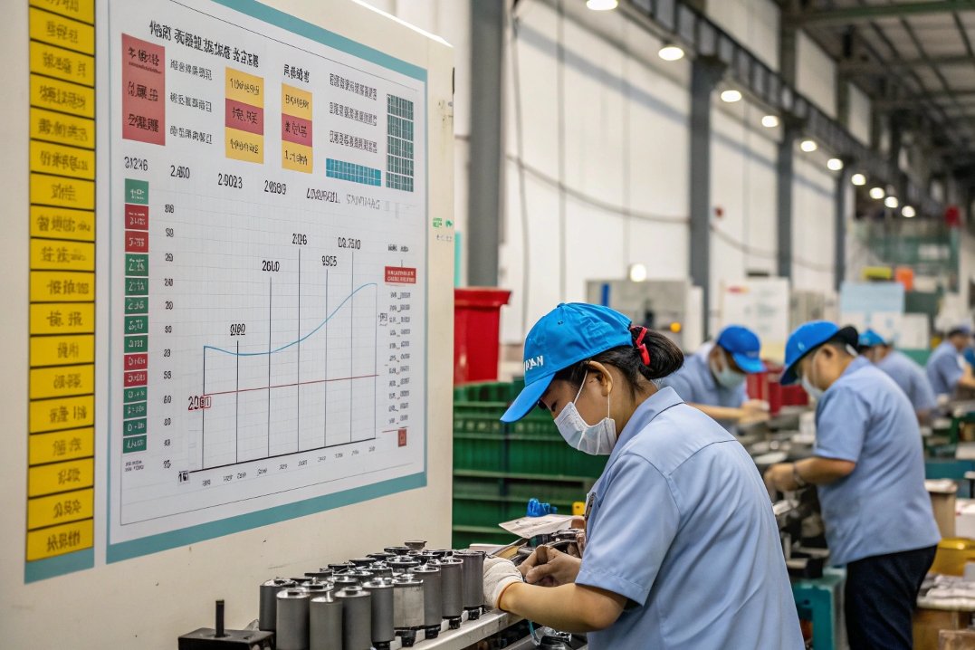 worker reviewing production statistics