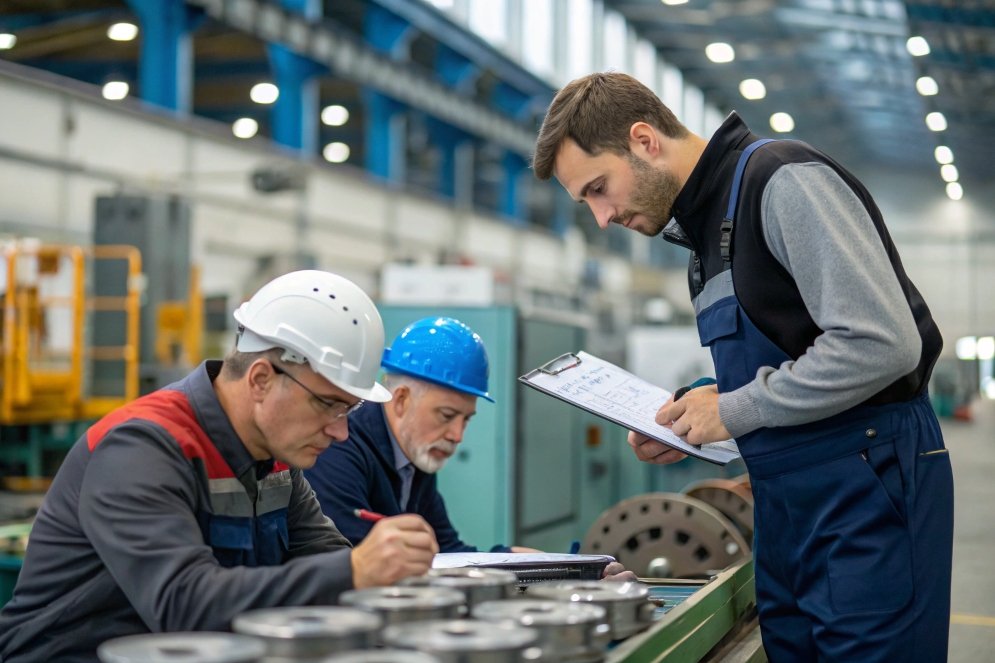 factory inspection, employees reviewing production