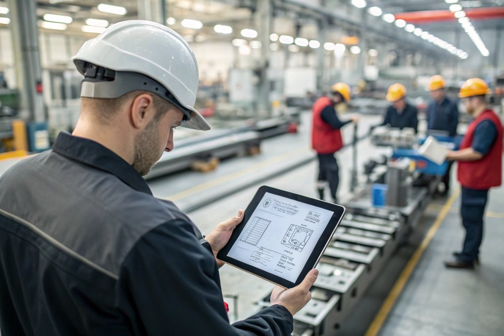 worker inspecting drawings worker inspecting technical drawings on tablet in factory